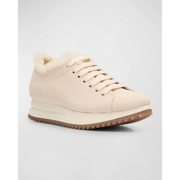 NEW PEDRO GARCIA women's orinda shearling suede sneakers in basmati